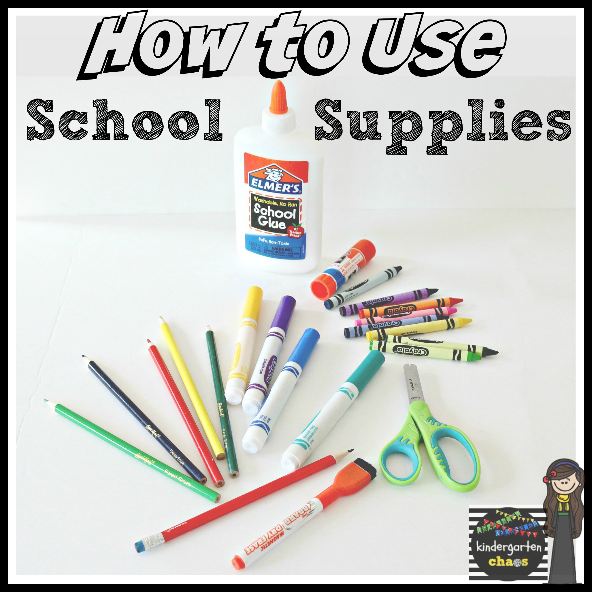 Printable Pack: How To Use School Supplies. A printable for each school supply to help kids learn how to use them properly including scissors, glue, dry erase marker, crayon, etc. 