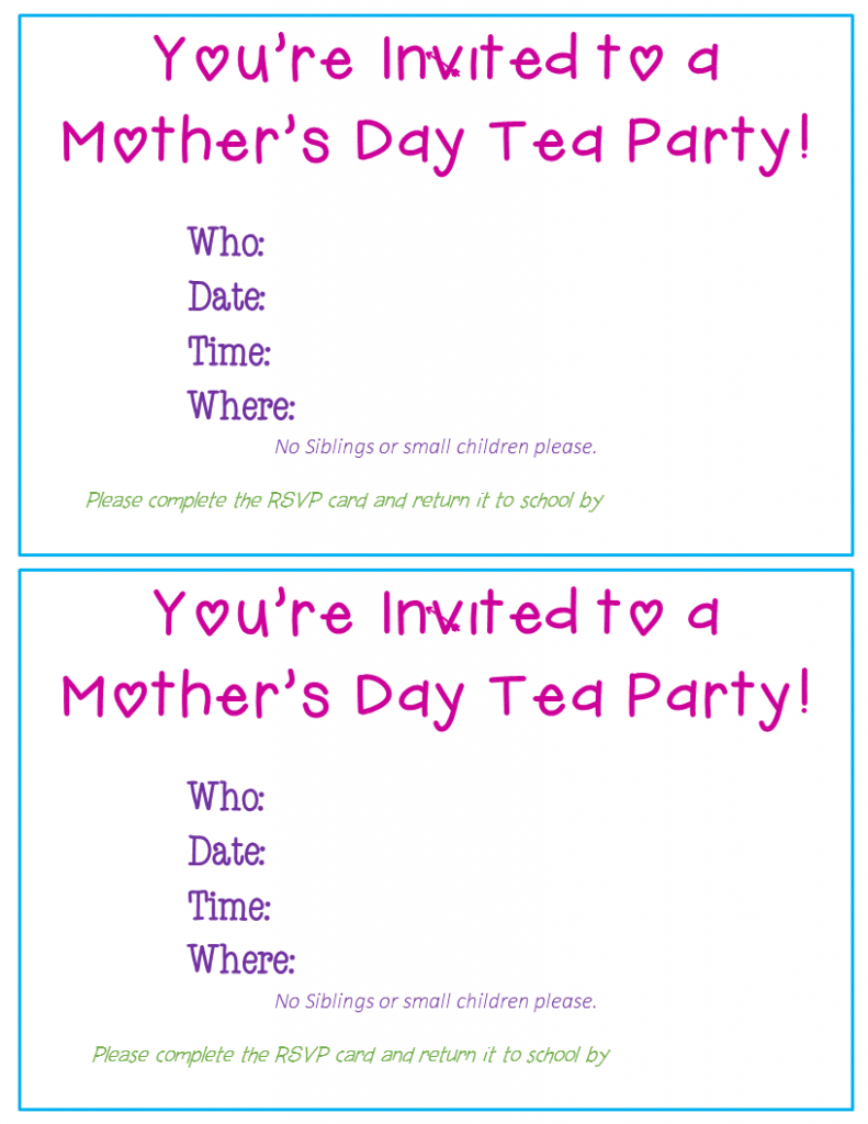 Mother's Day Tea Party Editable Invitations and RSVP Cards for a classroom Mother's Day celebration. 
