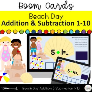 Beach Day Mixed Addition and Subtraction 1-10 Boom™ Digital Learning Task Cards