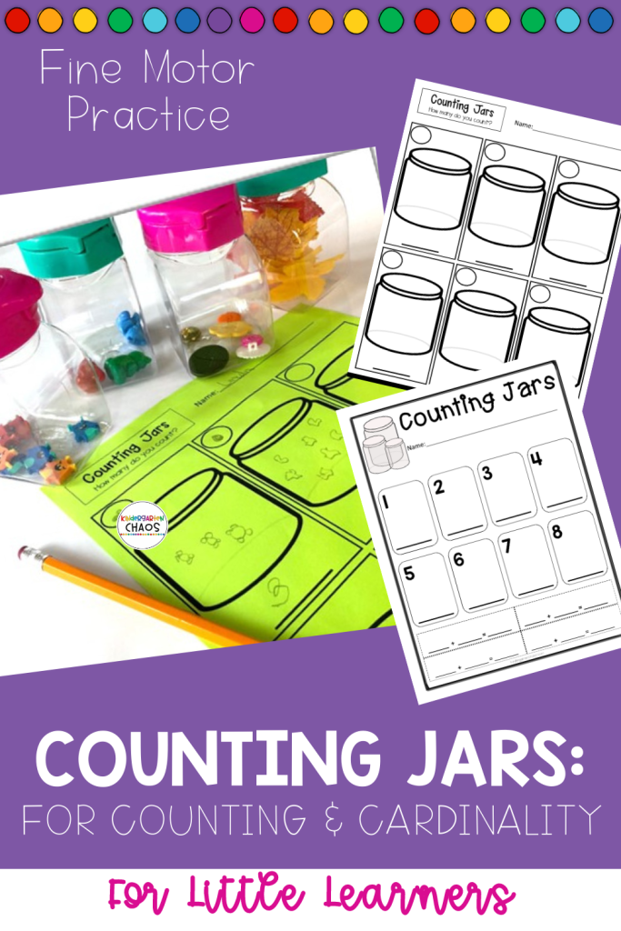 A simple yet fun Counting Jars activity to help children identify objects, write numerals and count. + Free Recording Sheet! Helpful for strengthening fine motor skills. Hands on learning for pre-k and kindergarten. Counting and Cardinality. 