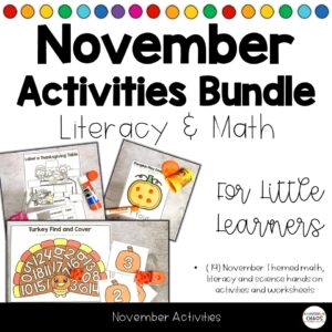 November Thanksgiving Literacy Math Activities - Worksheets | Centers | Stations